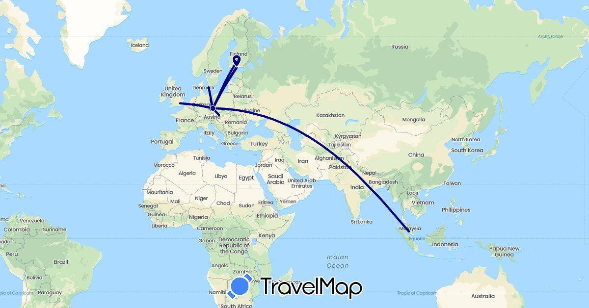 TravelMap itinerary: driving in Czech Republic, Germany, Denmark, Finland, United Kingdom, Malaysia, Slovakia (Asia, Europe)
